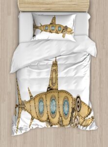 ambesonne steampunk duvet cover sets, barracuda fish shape inspired submarine image with weathered effect, bedding set with 2 duvet covers 4 pillowcases, 2 pack cal king size, beige pale blue white