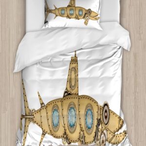 Ambesonne Steampunk Duvet Cover Sets, Barracuda Fish Shape Inspired Submarine Image with Weathered Effect, Bedding Set with 2 Duvet Covers 4 Pillowcases, 2 Pack Cal King Size, Beige Pale Blue White