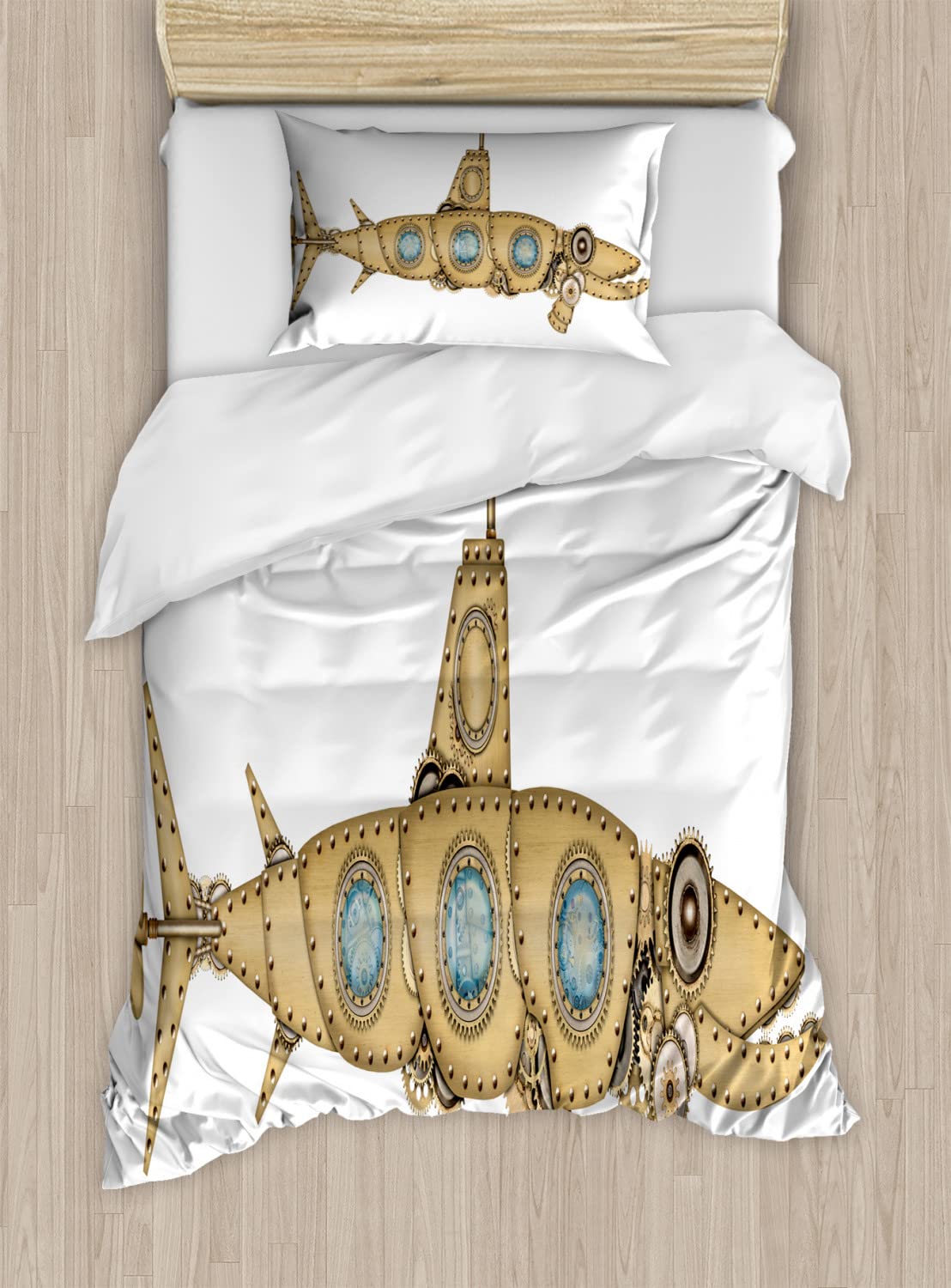 Ambesonne Steampunk Duvet Cover Sets, Barracuda Fish Shape Inspired Submarine Image with Weathered Effect, Bedding Set with 2 Duvet Covers 4 Pillowcases, 2 Pack Cal King Size, Beige Pale Blue White