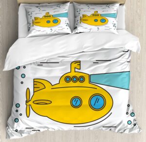 ambesonne yellow submarine duvet cover sets, ocean nautical adventure underwater bubbles porthole cartoon, bedding set with 2 duvet covers 4 pillowcases, 2 pack cal king size, white yellow blue