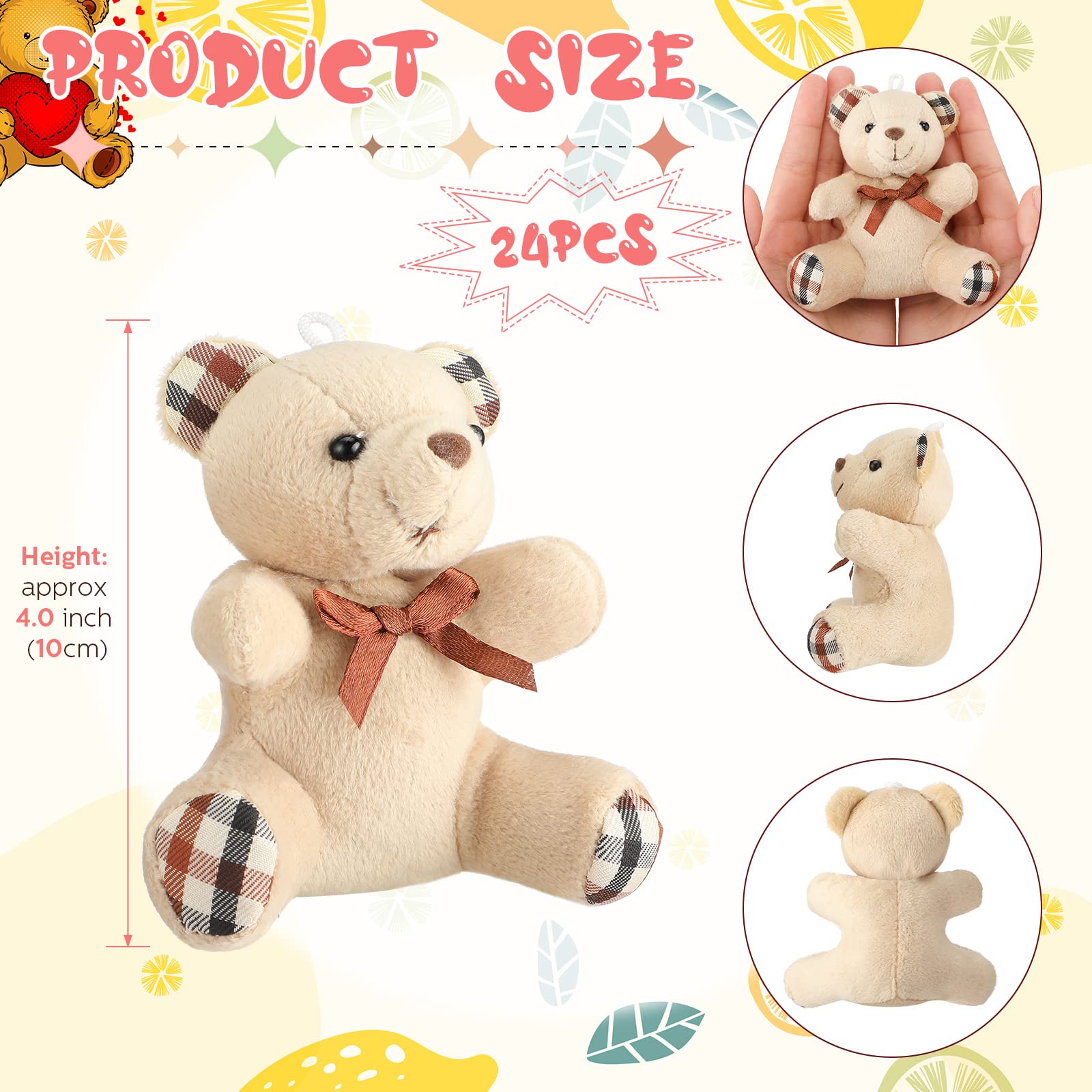 HyDren 24 Pcs Mini Bear Stuffed Animal 4 Inch Bear Bulk Small Bear Mini Bear Soft Tiny Bear Doll Keychain for Graduation Birthday Baby Shower Wedding Party Decor(Light Brown, Dark Brown, Pink, Beige)