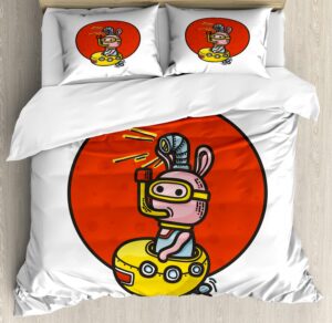 ambesonne yellow submarine duvet cover sets, little alien cartoon in spaceship periscope over moon planet, bedding set with 2 duvet covers & 4 pillowcases, 2 pack queen size, white red