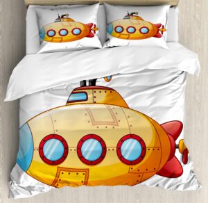 ambesonne yellow submarine duvet cover sets, sea theme design in cartoon style illustration of a submarine print, bedding set with 2 duvet covers & 4 pillowcases, 2 pack king size, orange and yellow