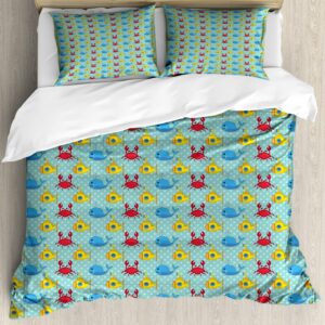 Ambesonne Yellow Submarine Duvet Cover Sets, Underwater Life Theme Pattern Submarines Whales and Crabs Print, Bedding Set with 2 Duvet Covers & 4 Pillowcases, 2 Pack King Size, Aqua and Mustard