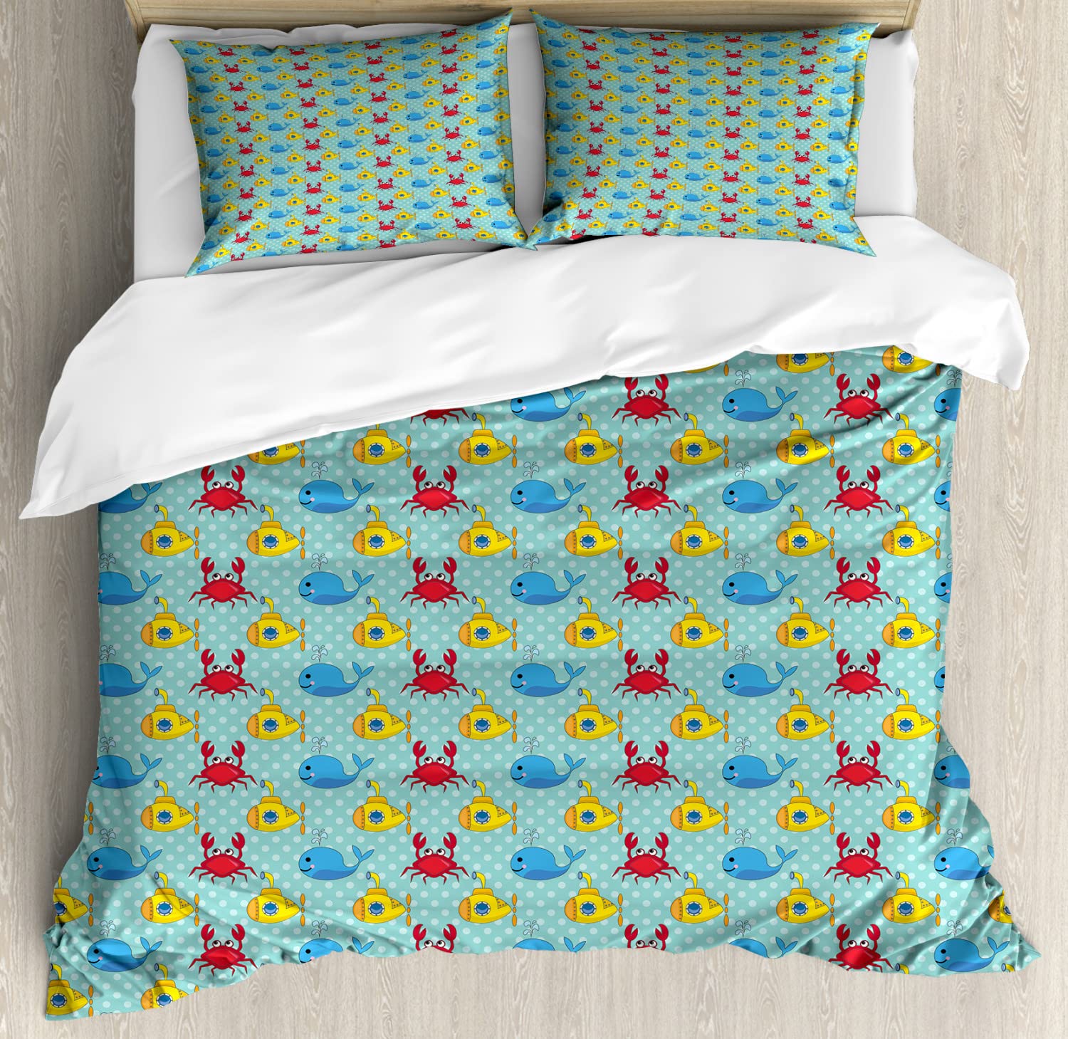 Ambesonne Yellow Submarine Duvet Cover Sets, Underwater Life Theme Pattern Submarines Whales and Crabs Print, Bedding Set with 2 Duvet Covers & 4 Pillowcases, 2 Pack King Size, Aqua and Mustard