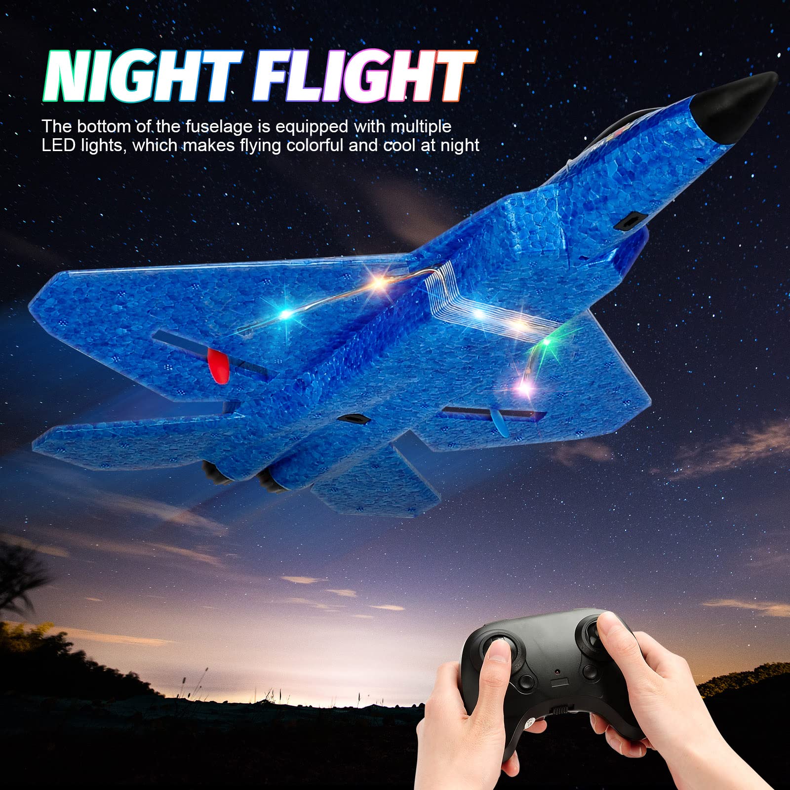 ANTSIR Remote Control Plane F-22 Raptor, 2.4Ghz Smart Gyroscope RC Airplane with Light Strip, Jet Fighter Toy Gift for Kids Beginner (Blue)