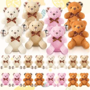 HyDren 24 Pcs Mini Bear Stuffed Animal 4 Inch Bear Bulk Small Bear Mini Bear Soft Tiny Bear Doll Keychain for Graduation Birthday Baby Shower Wedding Party Decor(Light Brown, Dark Brown, Pink, Beige)