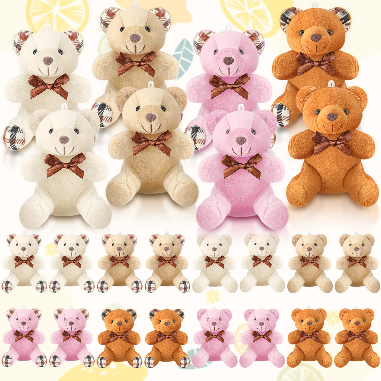 HyDren 24 Pcs Mini Bear Stuffed Animal 4 Inch Bear Bulk Small Bear Mini Bear Soft Tiny Bear Doll Keychain for Graduation Birthday Baby Shower Wedding Party Decor(Light Brown, Dark Brown, Pink, Beige)