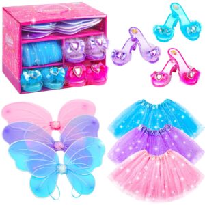 Princess Dresses for Girls Fairy Wings, BIBUTY Dress Up Clothes Pretend Play Costumes Trunk with 3 Sets of Princess Dress Up Shoes, Glitter Girls Tutu Skirts and Butterfly Wings, Toys for 3-6 yr Girls