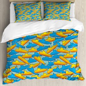 Ambesonne Yellow Submarine Duvet Cover Sets, Pop Art Style Retro Underwater Theme Classical Submarine Design Print, Bedding Set with 2 Duvet Covers & 4 Pillowcases, 2 Pack King Size, Yellow and Blue