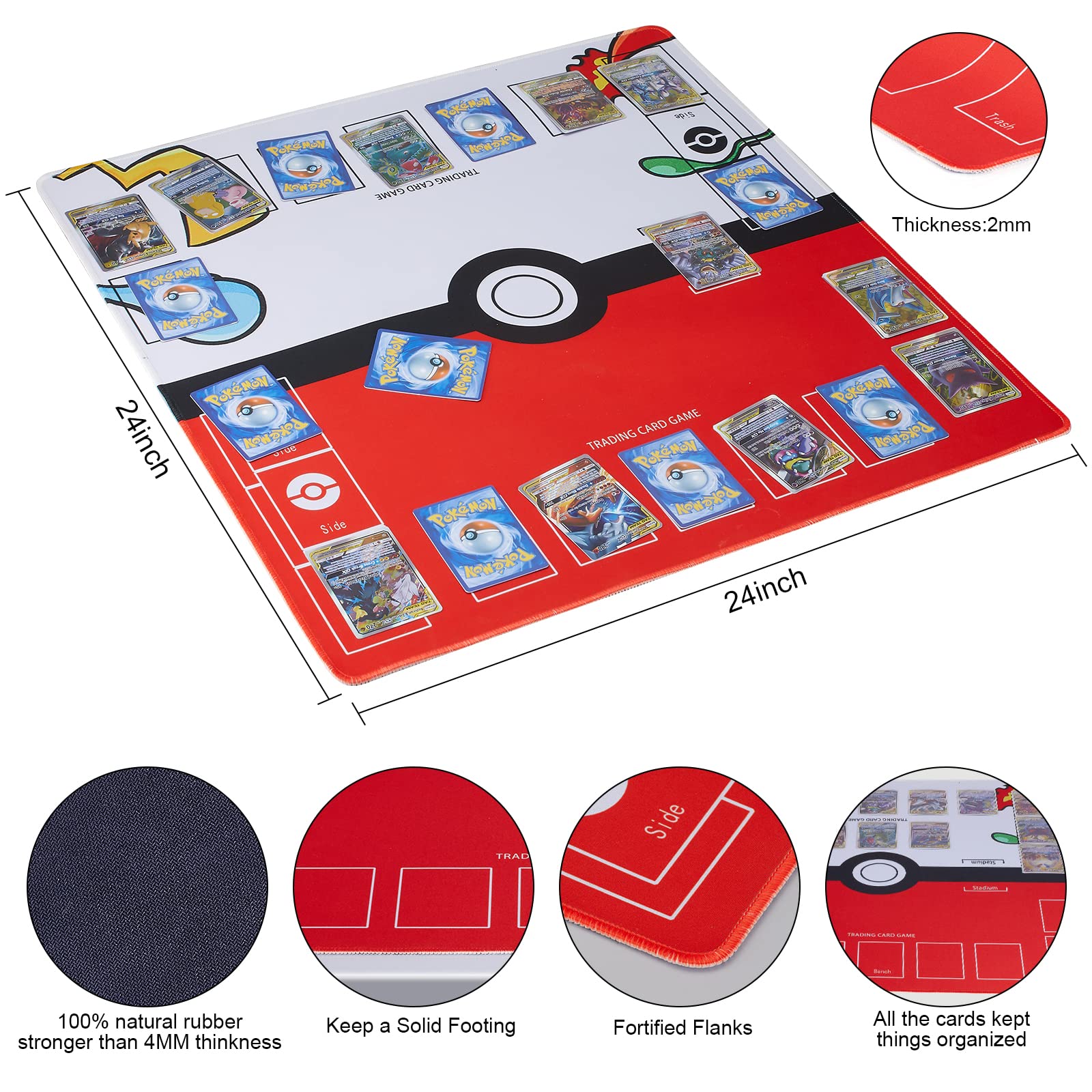 Biouai Playmat for Trading Card Game - 2 Player Trainer Mat for Game with Carry Case Tube(Red)