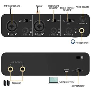 USB Audio Interface 2 In 2 Out with 48V Phantom Power,XLR Mic USB Audio Mixer Recording Podcasting and Streaming 24Bit/192kHz True Stereo