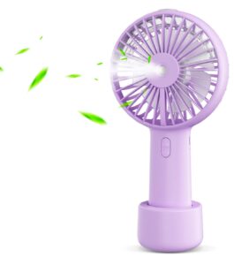 portable hand held misting fan, small personal usb rechargeable battery operated spray fan mister with 20ml water tank mist lash fan quiet 3 speed strong cooling wind for travel office outdoors purple