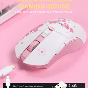 DAREU Sakura Pink Wireless Wired Gaming Mouse, Dual-Mode Rechargeable 7 Programmable Buttons,10K DPI,RGB and 7 Adjustable DPI Levels up to [150IPS] [1000Hz Polling Rate] for PC Notebook Mac