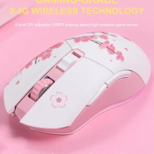 DAREU Sakura Pink Wireless Wired Gaming Mouse, Dual-Mode Rechargeable 7 Programmable Buttons,10K DPI,RGB and 7 Adjustable DPI Levels up to [150IPS] [1000Hz Polling Rate] for PC Notebook Mac