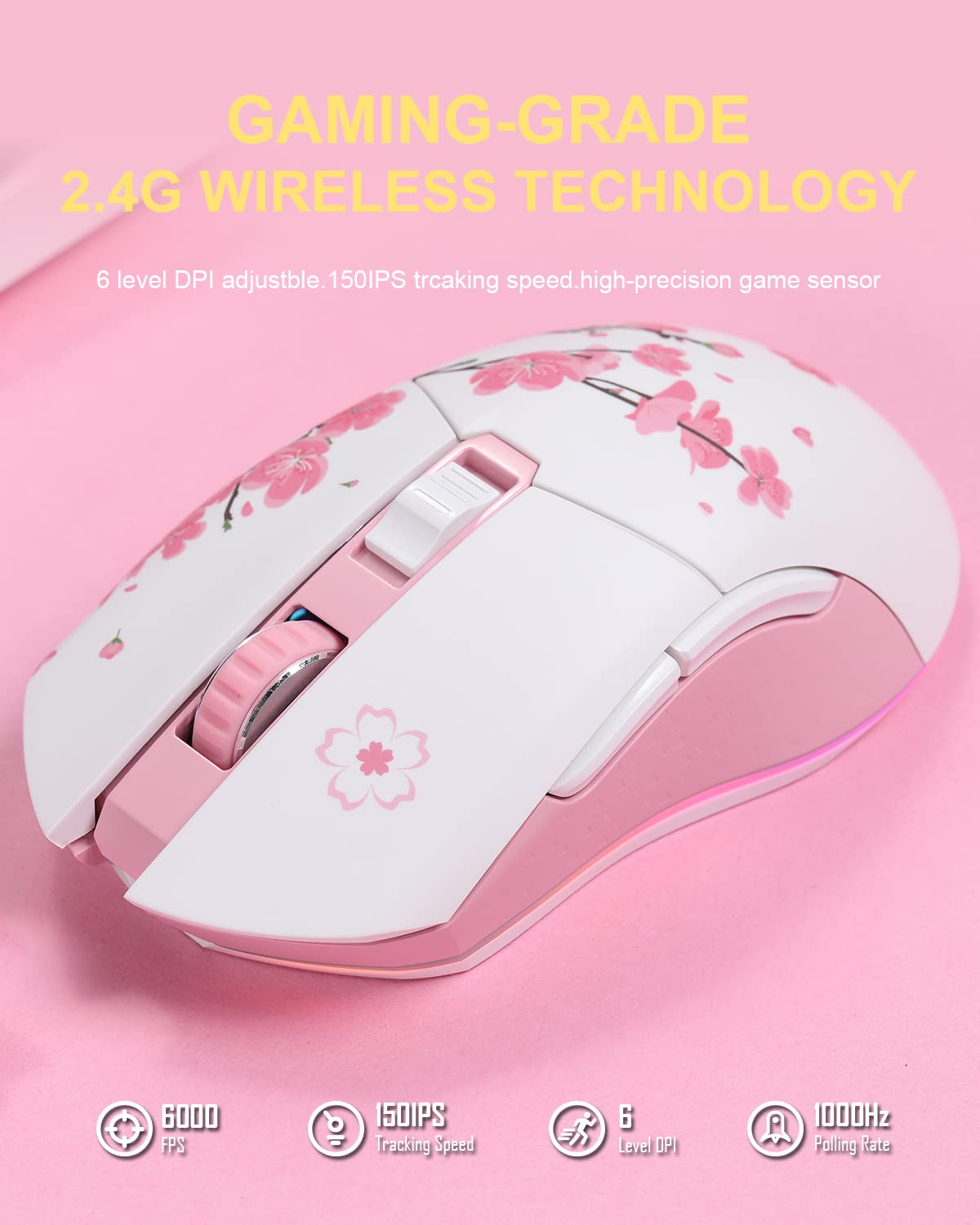 DAREU Sakura Pink Wireless Wired Gaming Mouse, Dual-Mode Rechargeable 7 Programmable Buttons,10K DPI,RGB and 7 Adjustable DPI Levels up to [150IPS] [1000Hz Polling Rate] for PC Notebook Mac