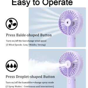 Portable Hand held Misting Fan, Small Personal USB Rechargeable Battery Operated Spray Fan Mister with 20ml Water Tank Mist Lash Fan Quiet 3 Speed Strong Cooling Wind for Travel Office Outdoors purple