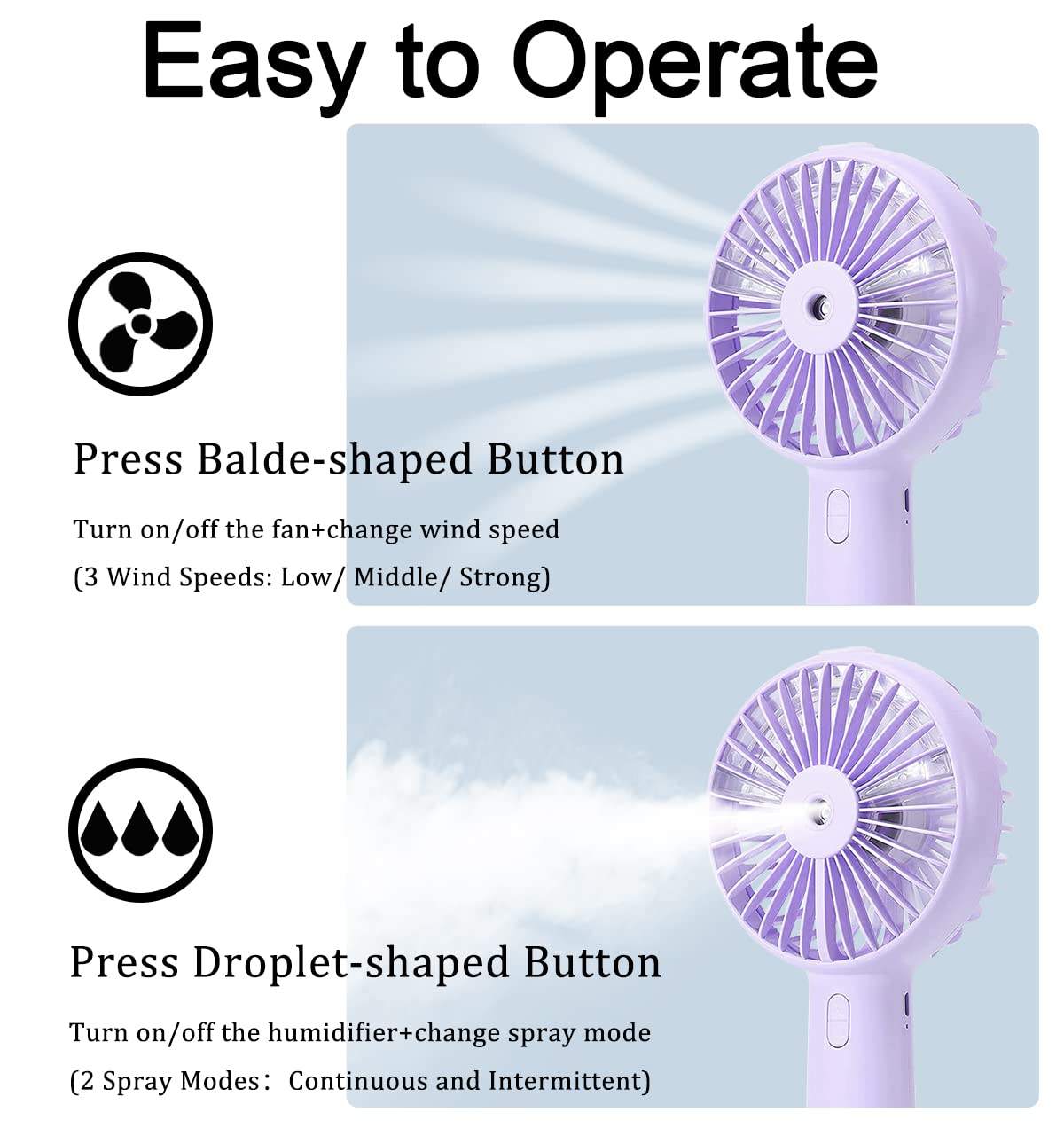 Portable Hand held Misting Fan, Small Personal USB Rechargeable Battery Operated Spray Fan Mister with 20ml Water Tank Mist Lash Fan Quiet 3 Speed Strong Cooling Wind for Travel Office Outdoors purple