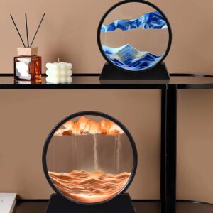 BGFJYUK Moving Sand Art Picture in Motion, Round Tempered Glass 3D Deep Sea Sandscapes with Display Flowing Sand Frame for Relaxing Desktop Home Office Work Décor for Kids Adults （Blue, 7inch