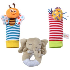 PHREKUDA Sock & Wrist Rattles Toy Set for Babies, Plush Stuffed Rattles for Baby, Rattles for Babies, Newborn Gifts for Boys Girls Infant (5 in 1) (Elephant)