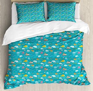 ambesonne ocean duvet cover sets, marine pattern with ships submarines colorful fish and whales nautical arrangement, bedding set with 2 duvet covers & 4 pillowcases, 2 pack queen size, multicolor