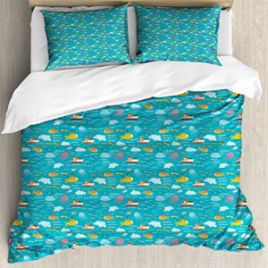 Ambesonne Ocean Duvet Cover Sets, Marine Pattern with Ships Submarines Colorful Fish and Whales Nautical Arrangement, Bedding Set with 2 Duvet Covers & 4 Pillowcases, 2 Pack Queen Size, Multicolor