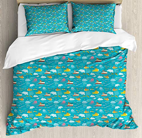 Ambesonne Ocean Duvet Cover Sets, Marine Pattern with Ships Submarines Colorful Fish and Whales Nautical Arrangement, Bedding Set with 2 Duvet Covers & 4 Pillowcases, 2 Pack Queen Size, Multicolor