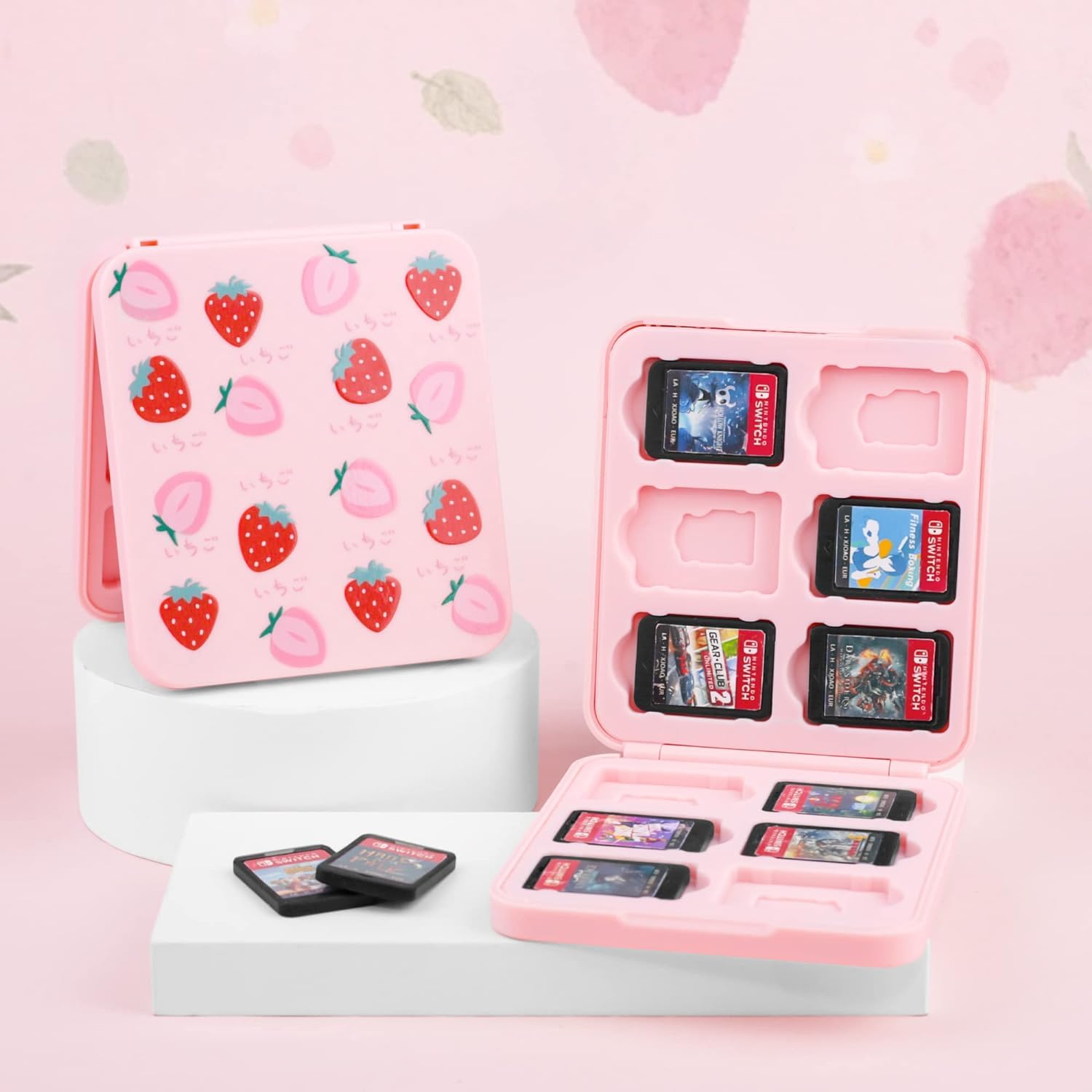 RHOTALL Cute Strawberry Game Card Case for Nintendo Switch and Switch OLED, Storage Card Box with 12 Game Cards Cartridge and 12 SD Cards Slots, Portable Switch Games Holder with Magnetic Design