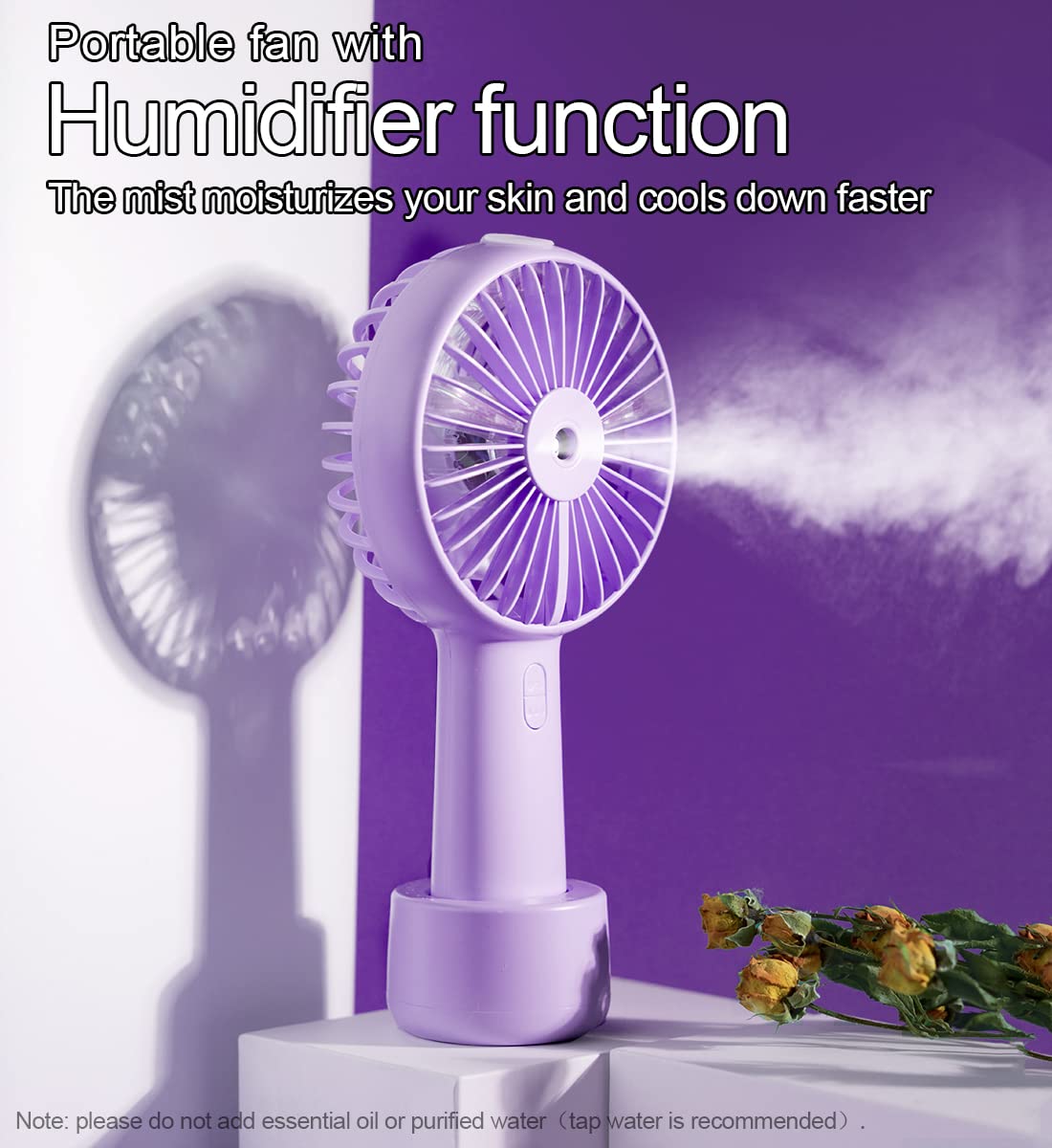 Portable Hand held Misting Fan, Small Personal USB Rechargeable Battery Operated Spray Fan Mister with 20ml Water Tank Mist Lash Fan Quiet 3 Speed Strong Cooling Wind for Travel Office Outdoors purple