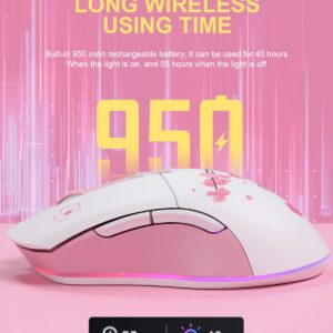 DAREU Sakura Pink Wireless Wired Gaming Mouse, Dual-Mode Rechargeable 7 Programmable Buttons,10K DPI,RGB and 7 Adjustable DPI Levels up to [150IPS] [1000Hz Polling Rate] for PC Notebook Mac