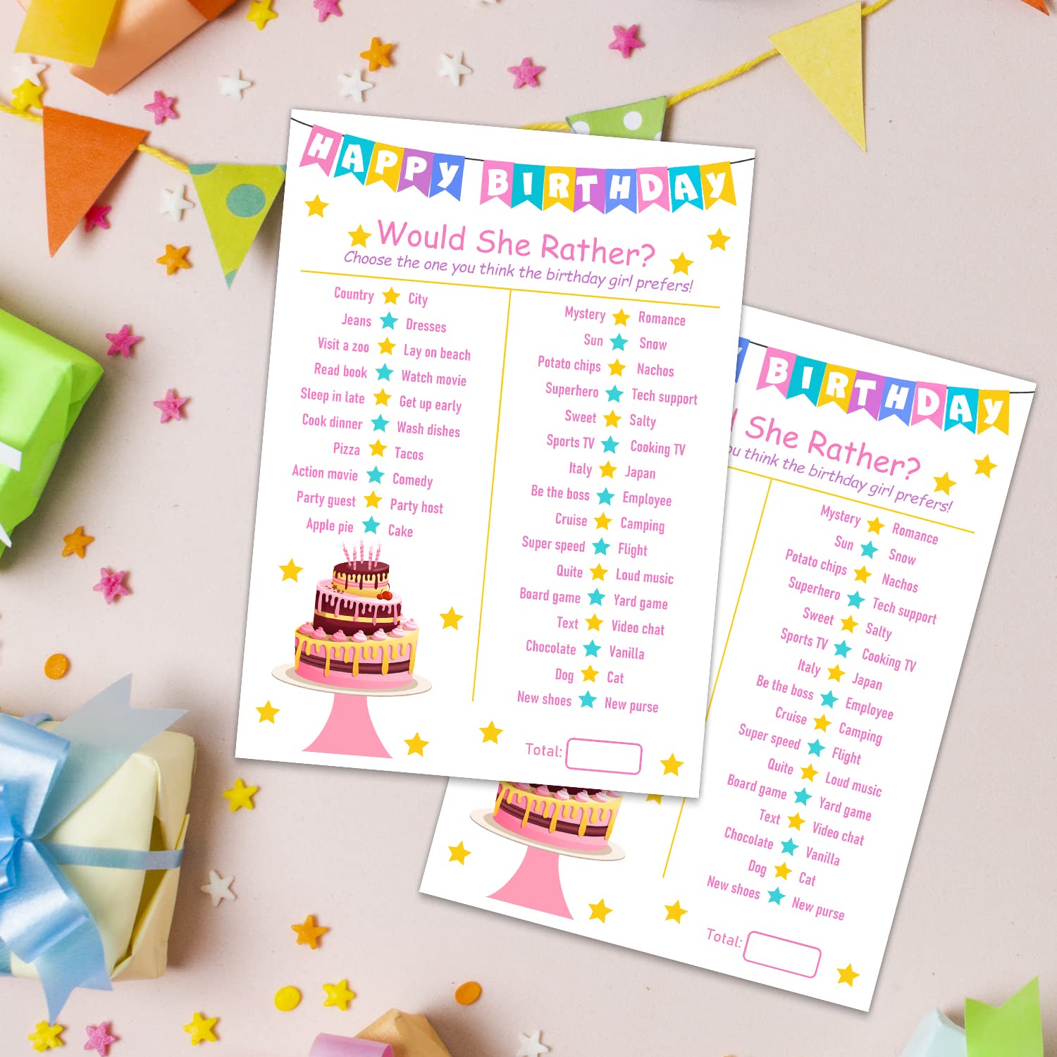 Birthday Girl Party Game-Would She Rather-20 Birthday Game Card Set- Girl Birthday Party Activity Notebook Themed Party Activity and Idea - Girl Birthday Supplies, Activity, Decorations