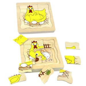 Montessori Wooden Puzzles for Kids Ages 4-8, 4 Layer Life Cycle Jigsaw Puzzle for Toddlers, Children Preschool Learning Educational Puzzles Toys for Boys and Girls (Chicken)