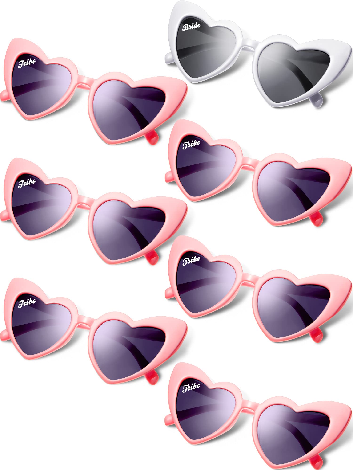 Dunzy 7 Pairs Bachelorette Sunglasses Retro Heart Bride Sunglasses Vintage Wedding Sunglasses for Bridesmaid Bridal Party (White, Pink, Grey)