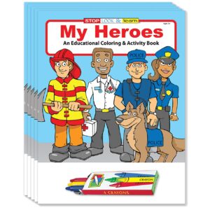 ZOCO - My Heroes - Police, Fire, EMTs - Kids Coloring Books (25 Bulk Pack, With Crayons) - Community Relations & Promotional Handout - Games, Puzzles, Activities