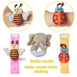 PHREKUDA Sock & Wrist Rattles Toy Set for Babies, Plush Stuffed Rattles for Baby, Rattles for Babies, Newborn Gifts for Boys Girls Infant (5 in 1) (Elephant)