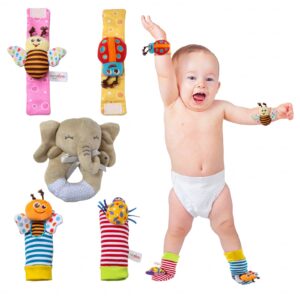 phrekuda sock & wrist rattles toy set for babies, plush stuffed rattles for baby, rattles for babies, newborn gifts for boys girls infant (5 in 1) (elephant)