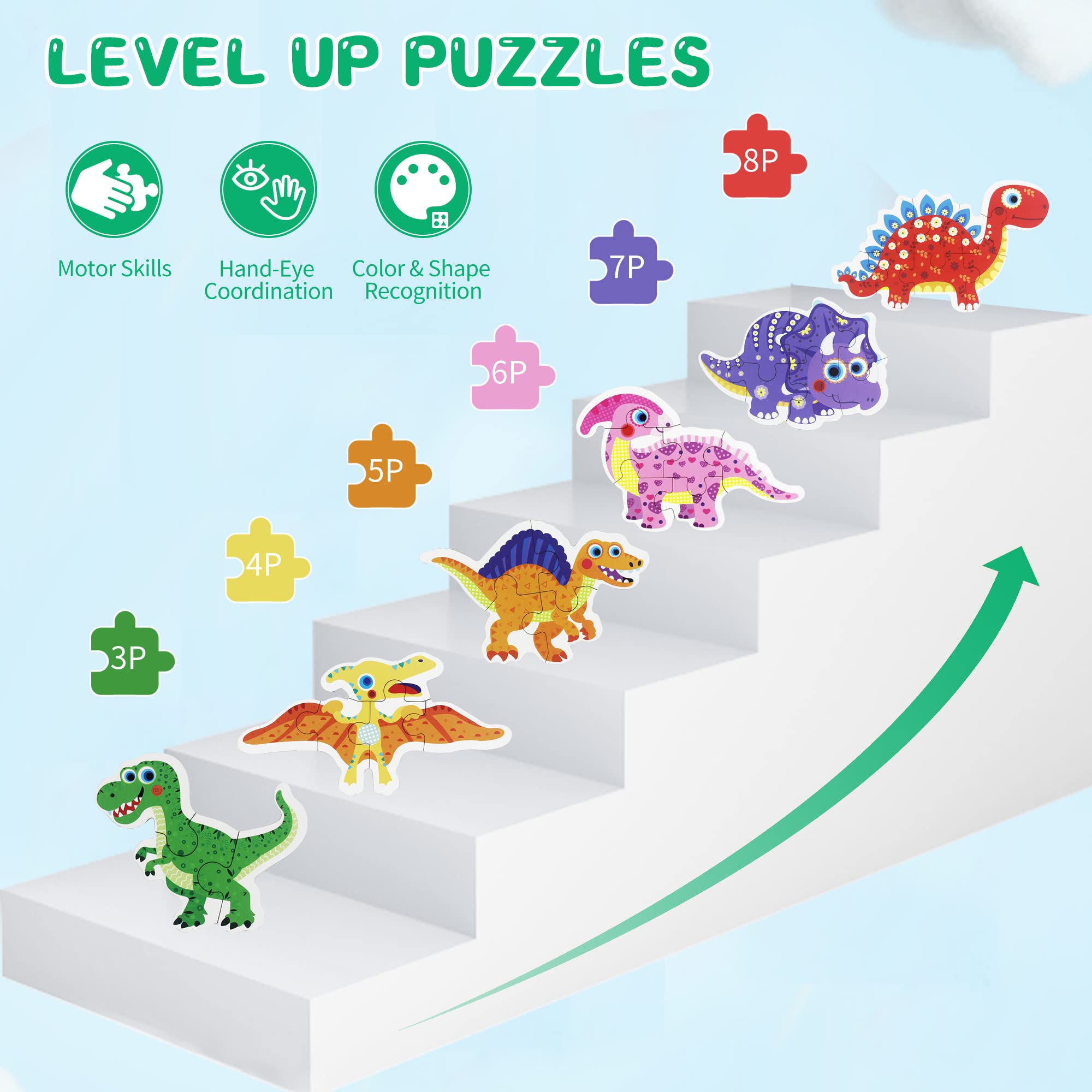 FLYINGSEEDS 6 Packs Dinosaur Wooden Shaped Jigsaw Puzzles for Toddlers Ages 1 2 3, Level-up Puzzles for Beginner, Montessori Learning Toys Preschool Educational Activity for Kids Ages 2-5