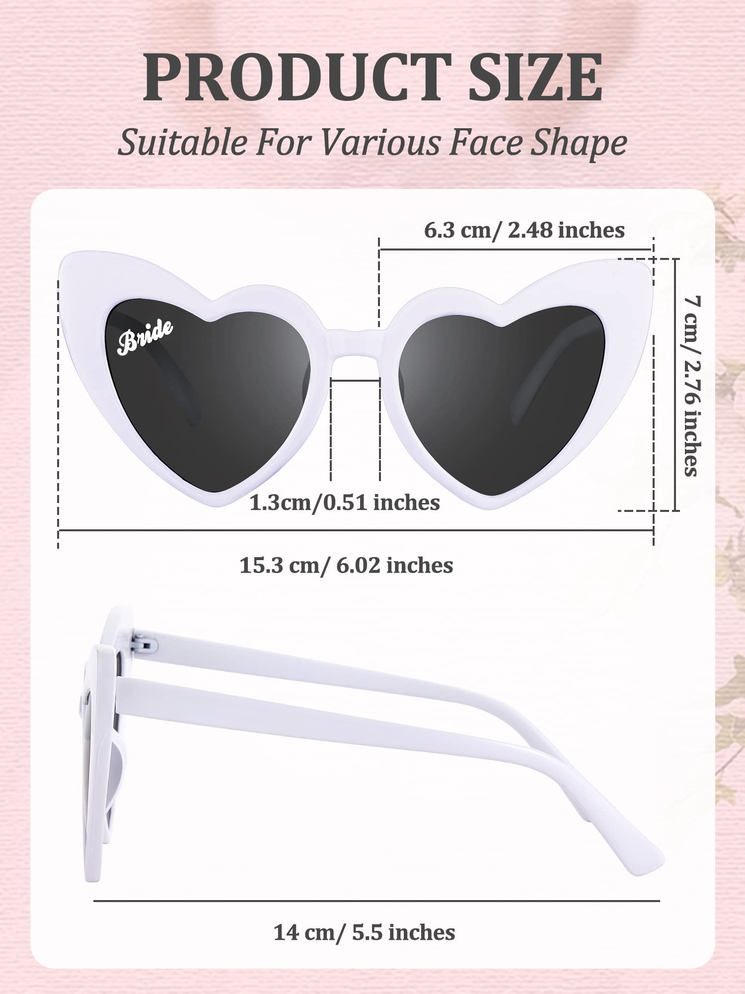 Dunzy 7 Pairs Bachelorette Sunglasses Retro Heart Bride Sunglasses Vintage Wedding Sunglasses for Bridesmaid Bridal Party (White, Pink, Grey)