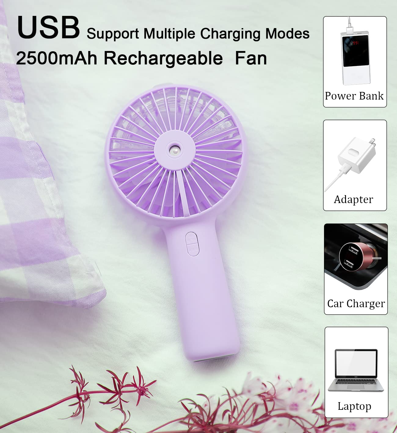 Portable Hand held Misting Fan, Small Personal USB Rechargeable Battery Operated Spray Fan Mister with 20ml Water Tank Mist Lash Fan Quiet 3 Speed Strong Cooling Wind for Travel Office Outdoors purple