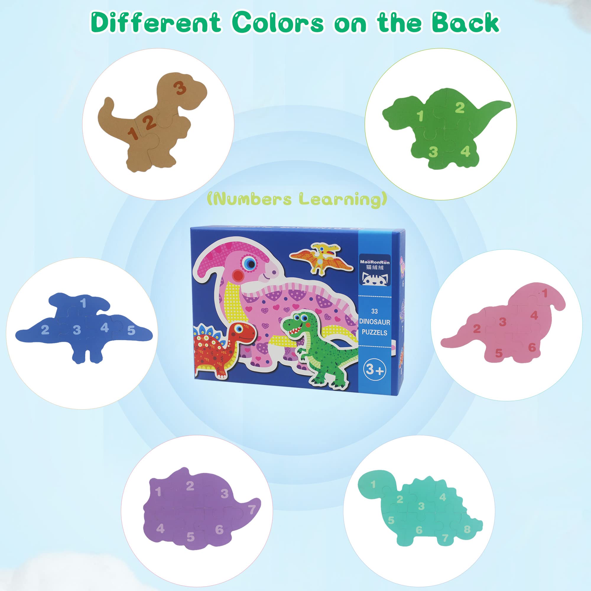 FLYINGSEEDS 6 Packs Dinosaur Wooden Shaped Jigsaw Puzzles for Toddlers Ages 1 2 3, Level-up Puzzles for Beginner, Montessori Learning Toys Preschool Educational Activity for Kids Ages 2-5