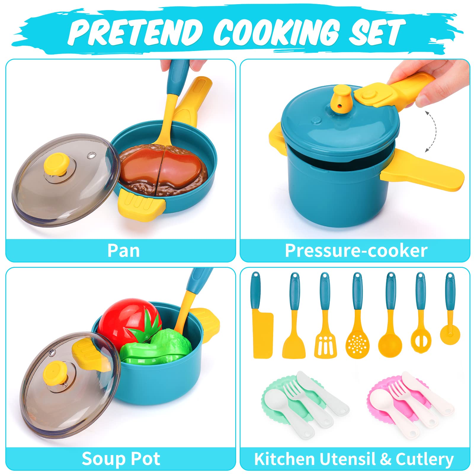 Kids Play Kitchen Accessories Set, Pretend Play Cooking Toys Set, Kitchen Toys Playset for Toddlers, Toy Pots and Pans for Kids Kitchen with Fake Play Food Cookware Utensils Dishes, Girls Boys Gift