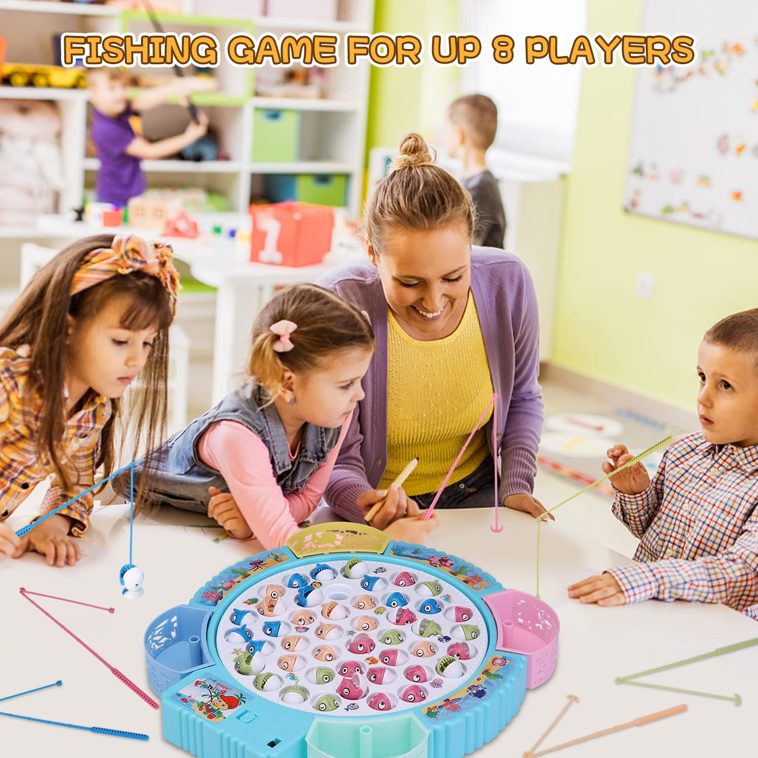 Magnetic Fishing Game Toys, Rotating Board Game with Music Including 45 Fishes and 8 Fishing Poles, Party Game Toys for Kids Age 3 4 5 6 7 and Up