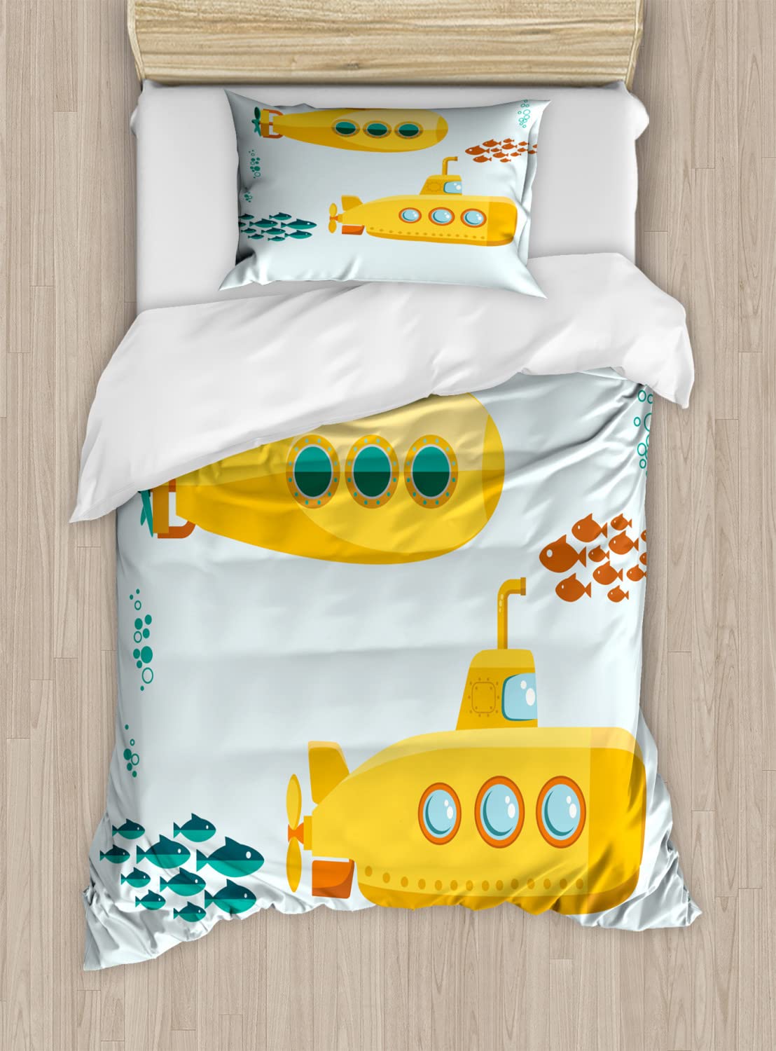 Ambesonne Yellow Submarine Duvet Cover Sets, Undersea Periscope with Shoal of Fish, Bedding Set with 2 Duvet Covers & 2 Pillowcases, 2 Pack Twin Size, Yellow Pale Blue