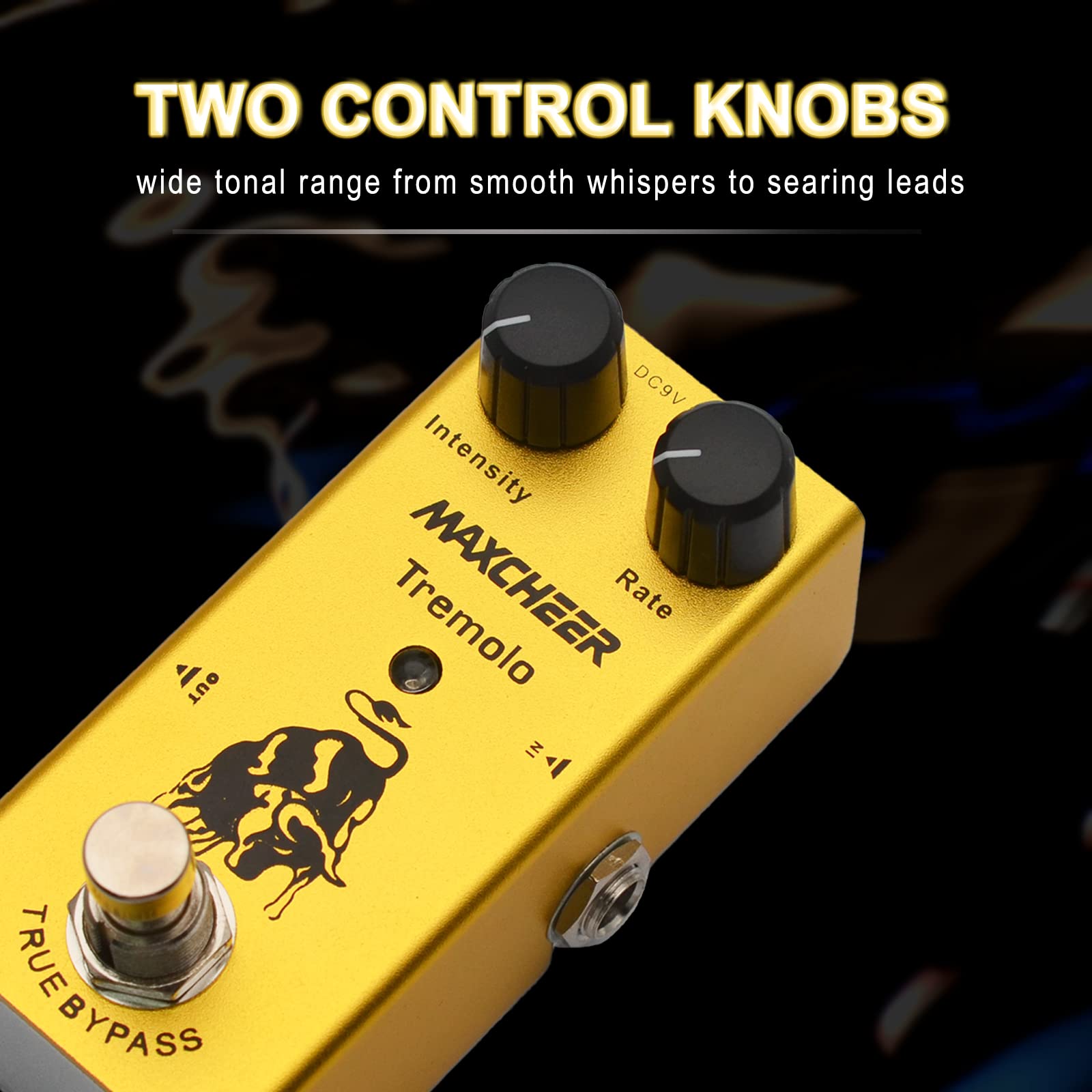 MAXCHEER Electric Guitar Tremolo Intensity/Rate Knob Effect Pedal Mini Single Type DC 9V True Bypass (Yellow)