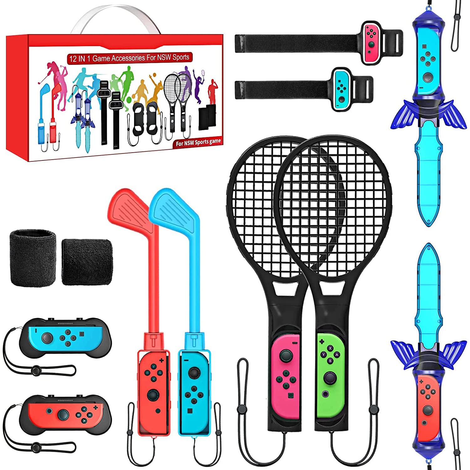 2024 Switch Sports Accessories Bundle Set , 12-in-1 Family Party Pack Game Accessories Kit for Nintendo Switch OLED Sports Games with Tennis Rackets, Golf Clubs ,Sword and Wrist Strap