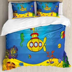 Ambesonne Yellow Submarine Duvet Cover Sets, Nautical Colorful Fish Underwater Jellyfish Seahorse Shells Starfish, Bedding Set with 2 Duvet Covers 4 Pillowcases, 2 Pack Cal King Size, Blue Yellow