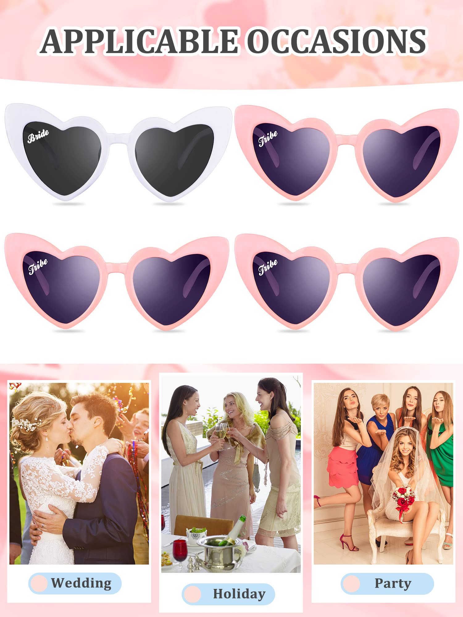 Dunzy 7 Pairs Bachelorette Sunglasses Retro Heart Bride Sunglasses Vintage Wedding Sunglasses for Bridesmaid Bridal Party (White, Pink, Grey)