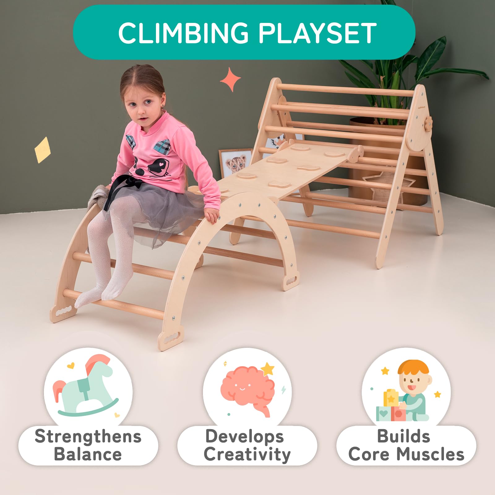 WoodandHearts Pikler Triangle Set Baby Climbing playset - Foldable Climbing Triangle - Climbing Slide Board - Arch Climber - Climbing Toys for Toddlers (Large Size) (Beige)