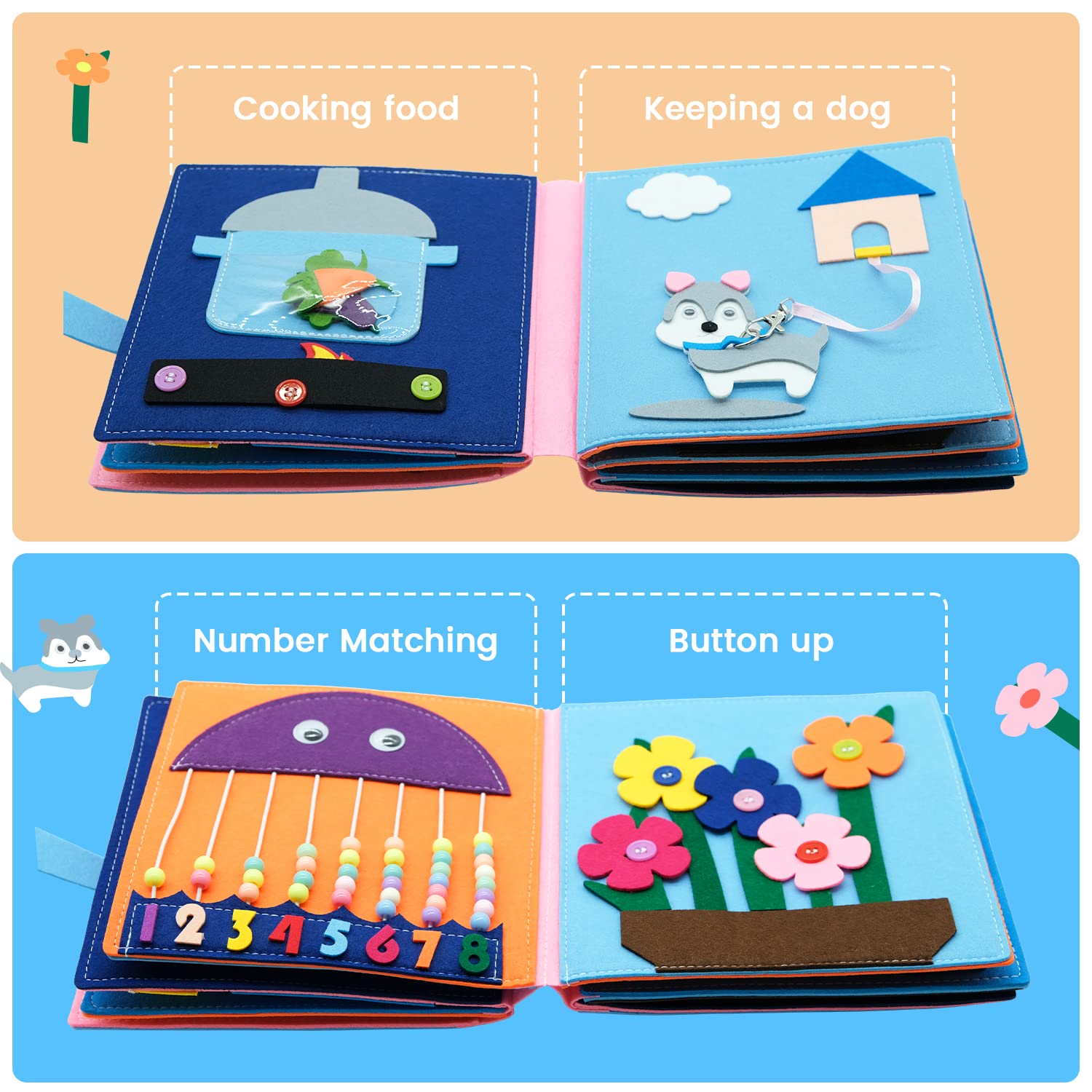 Washable Montessori Toddlers Busy Board 3D Baby Story Cloth Book Early Learning Education Habits Knowledge Develop Travel Toys for Boys and Girls Sensory Story Book