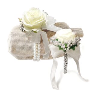 SUNEE - 2 Pcs Wedding Corsage and boutonniere White Roses Pearl Wedding Prom Wristlet Band Bracelet for Women Bride Bridesmaid